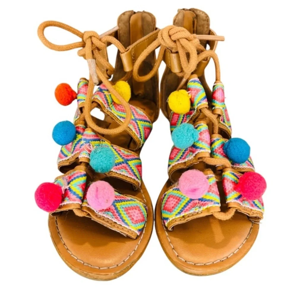 GAP Kids Girls Multi Colored Tan Sandals with Pompoms Size 12